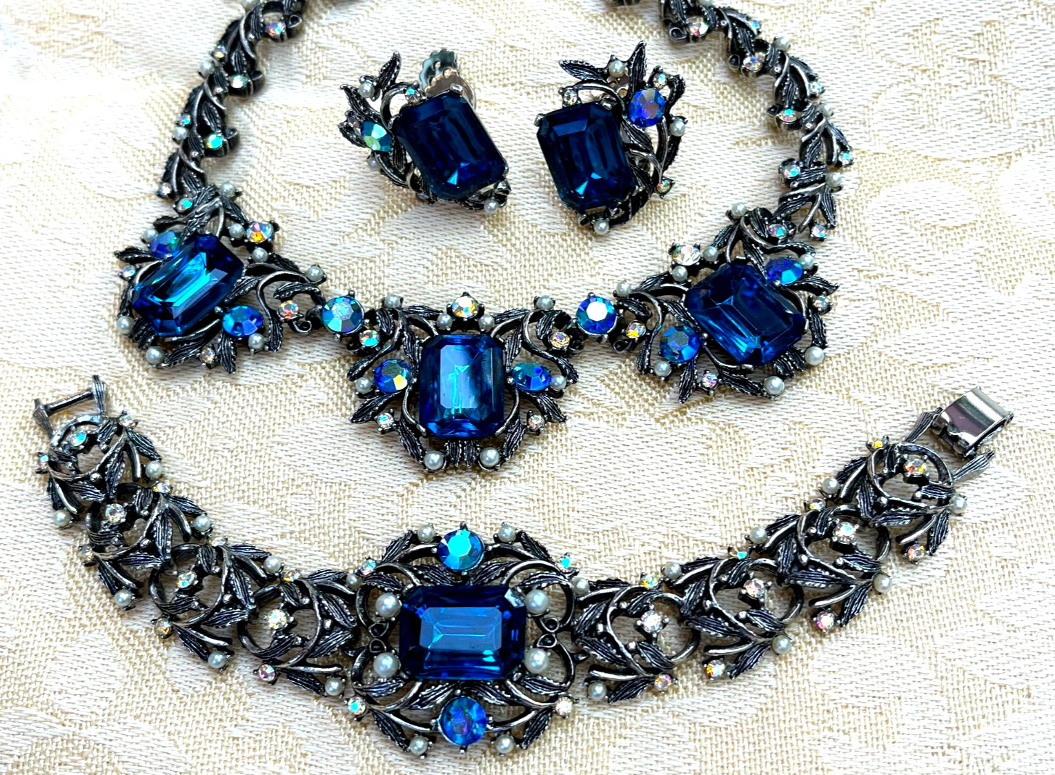 FLORENZA Necklace Bracelet Earrings Set Deep Blue & Faux Pearl Victorian Revival