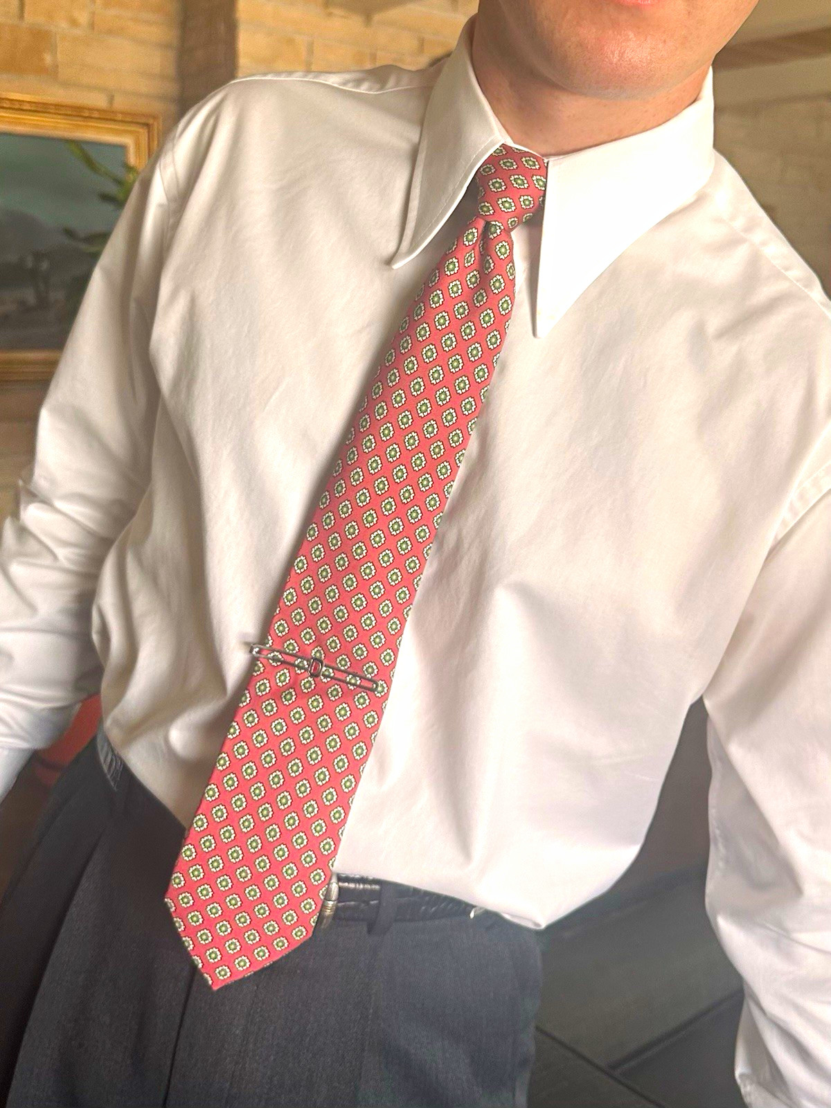 Ralph Lauren Polo Tie Pink/Green/White Geometric Silk Foulard Handmade in Italy