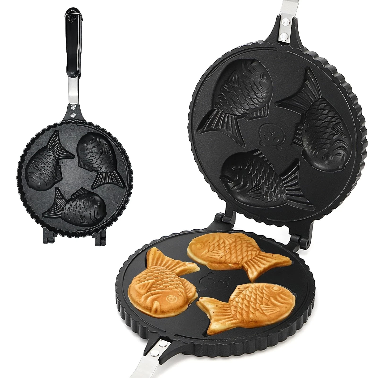 Taiyaki Fish-shaped Waffle Maker, 3 Fish Shaped Cake Pan with Non Stick Cooki
