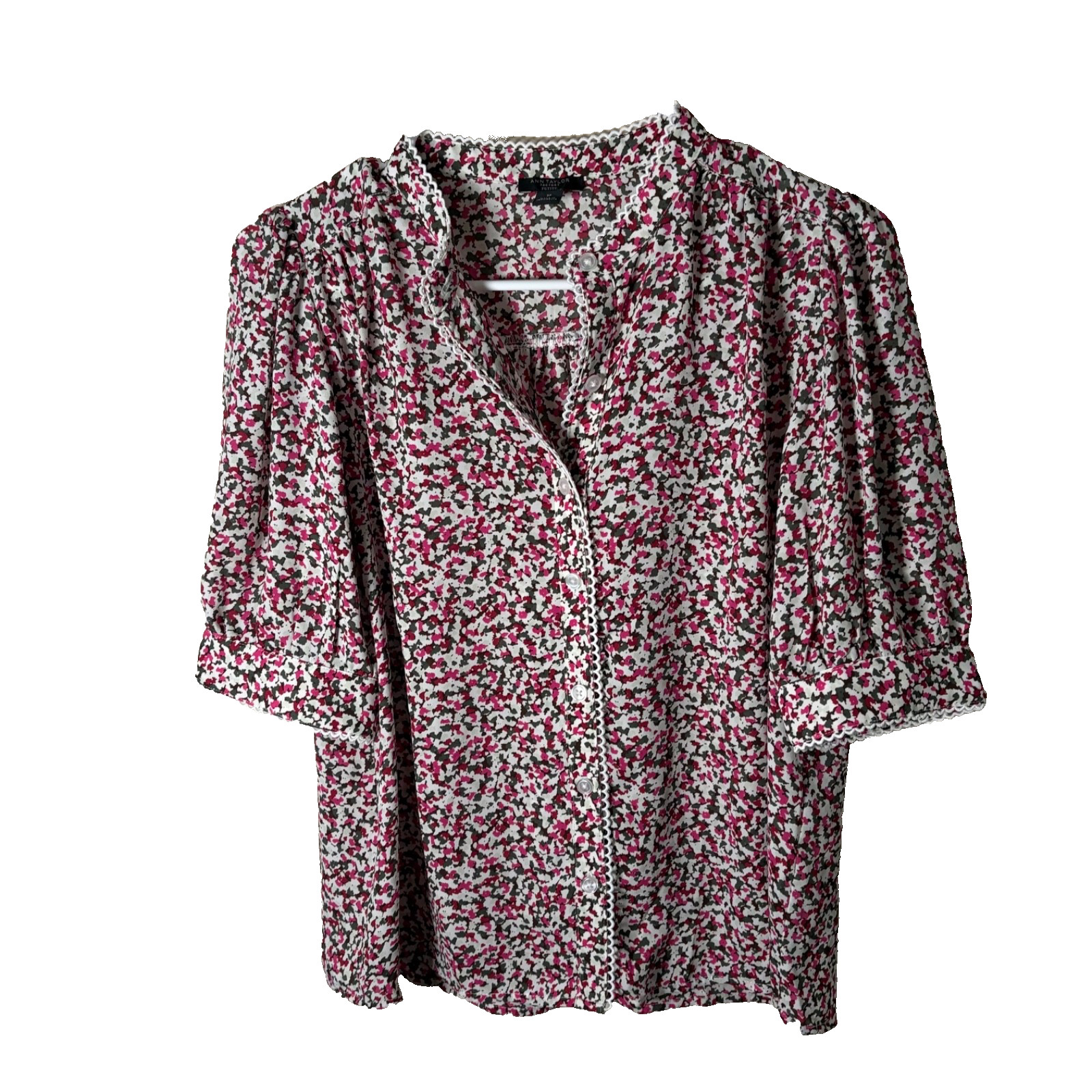 Ann Taylor Blouse Women\'s Petite Small Floral Button Up Short Sleeve Career Top