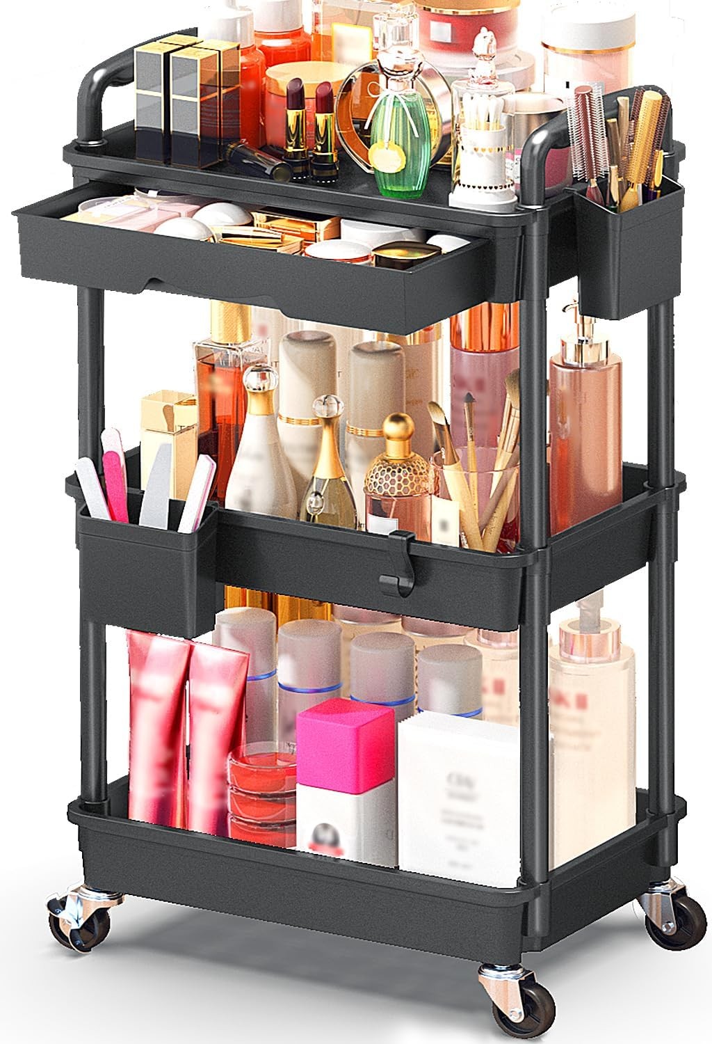 3-Tier Rolling Makeup Cart w/Drawer, Black Storage Organizer, Easy Assembly 3-Tier Rolling Makeup Cart w/Drawer, Black Storage Organizer, Easy Assembly