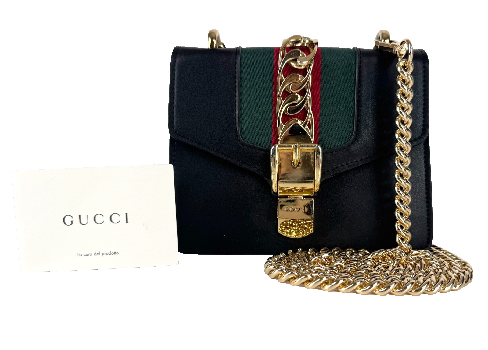 Gucci Auth Black Mini Leather Sylvie Bag Web Shoulder Gold Tone Chain Bag Runway