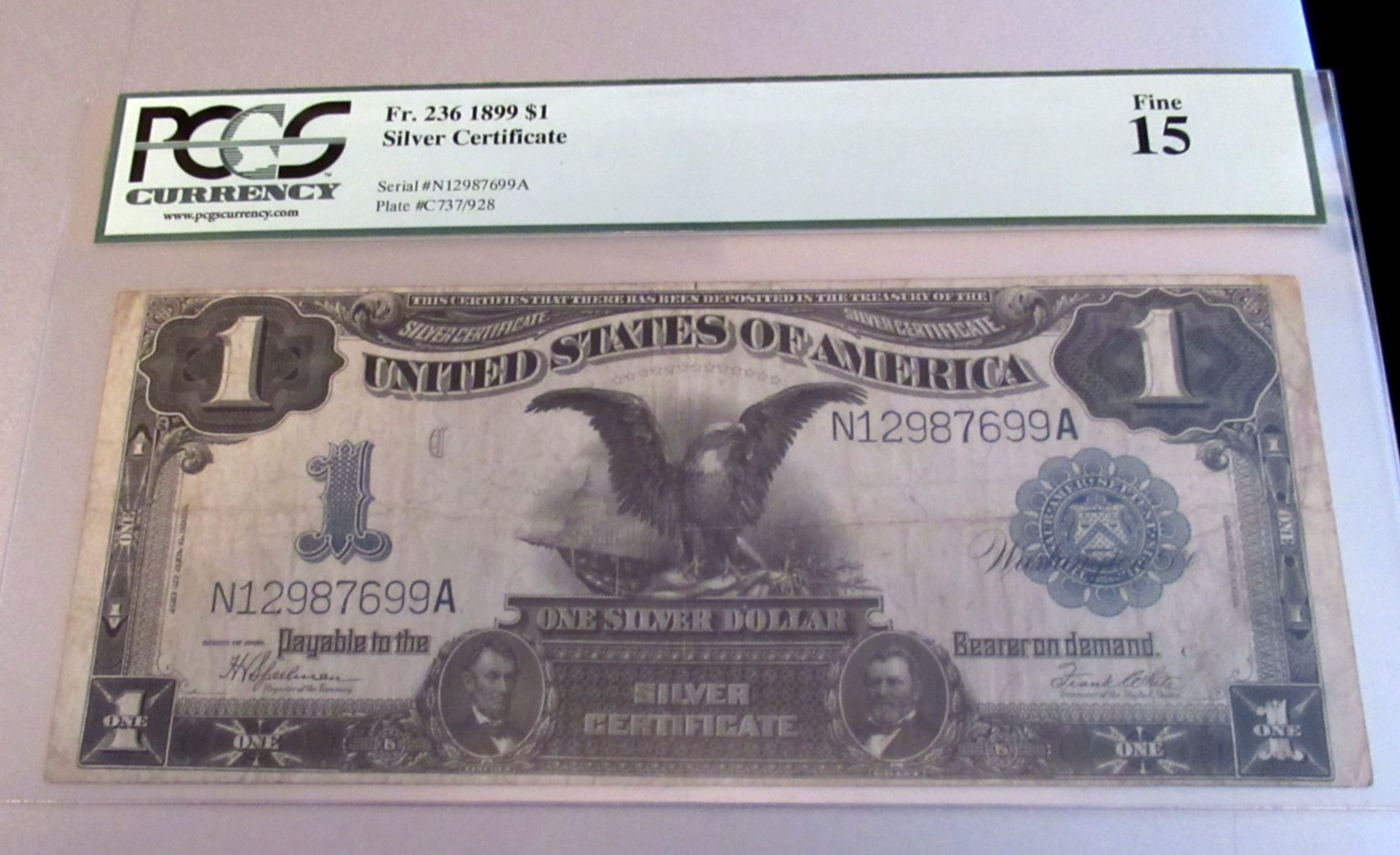 1899 $1 black eagle silver certificate PCGS FINE-15 1899 $1 black eagle silver certificate PCGS FINE-15