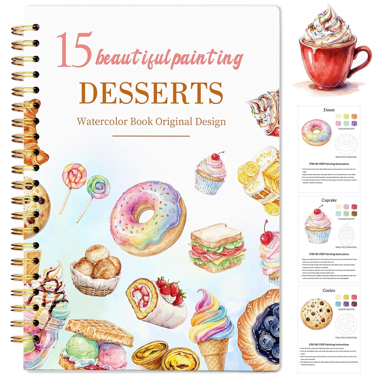 Watercolor Workbook for Beginners, 15 Beautiful Paintings, Desserts Color