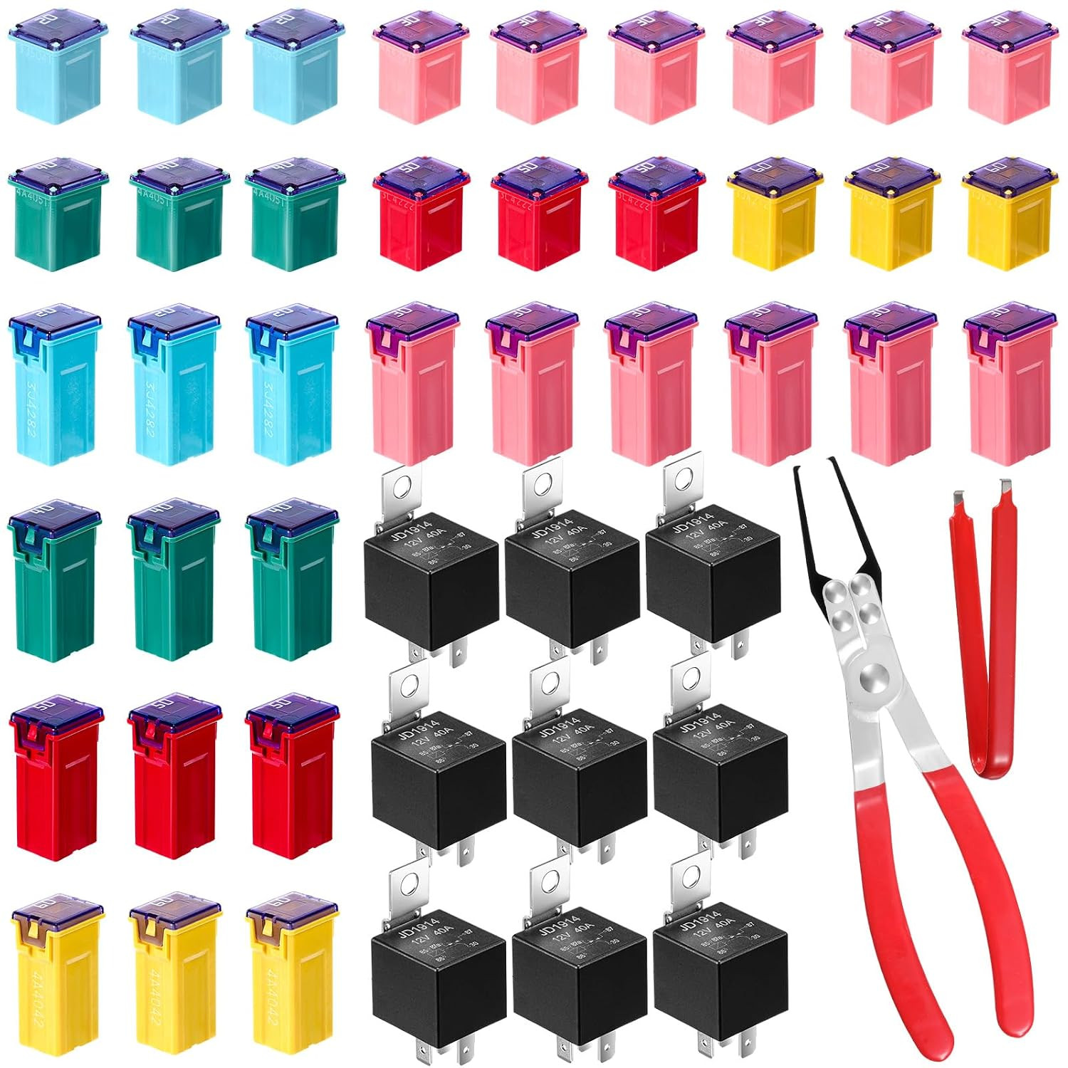 36 Pcs Car Fuse Assortment Kit with Puller Plier Relay and 12V 5-Pin Fuses 36 Pcs Car Fuse Assortment Kit with Puller Plier Relay and 12V 5-Pin Fuses