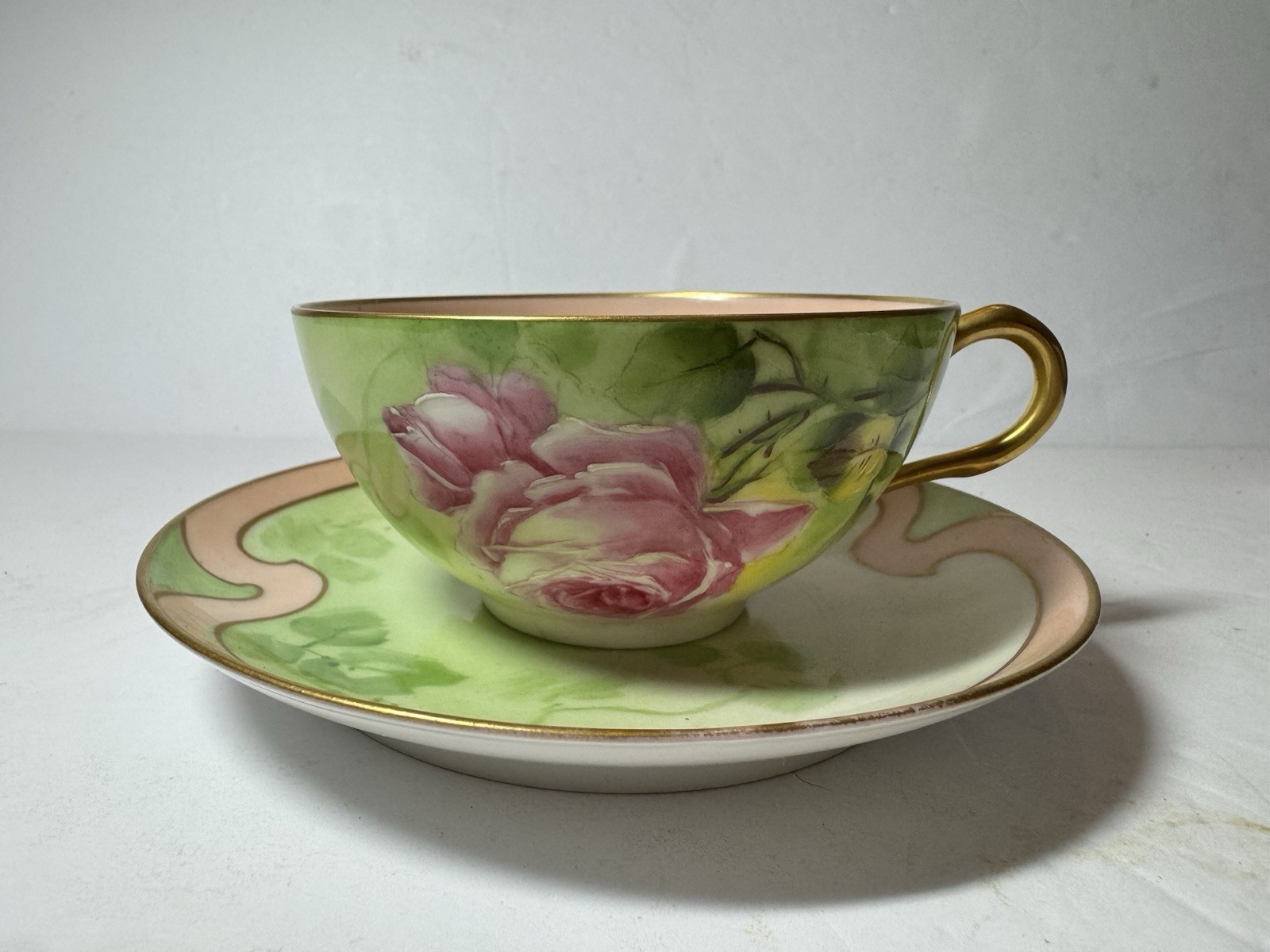 Antique Coronet Limoges France Cup Saucer Hand Painted Roses Gold Trim