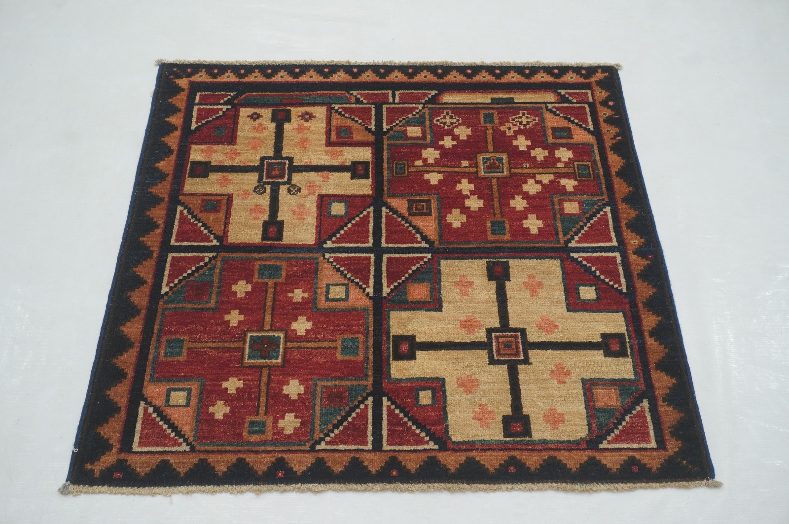 3x3 ft Red Afghan Hand Knotted Wool Small Square Rug 3x3 ft Red Afghan Hand Knotted Wool Small Square Rug