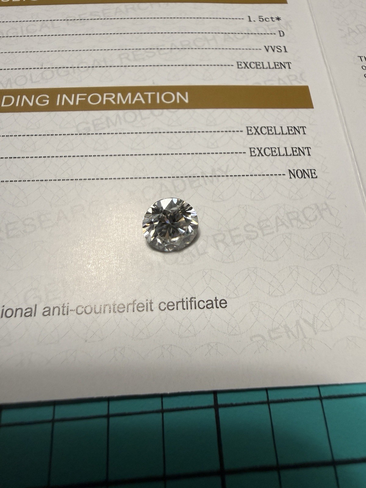 1.5 Ct White Moissanite Diamond, D Color, VVS1, Round, Loose, with Certificate 1.5 Ct White Moissanite Diamond, D Color, VVS1, Round, Loose, with Certificate