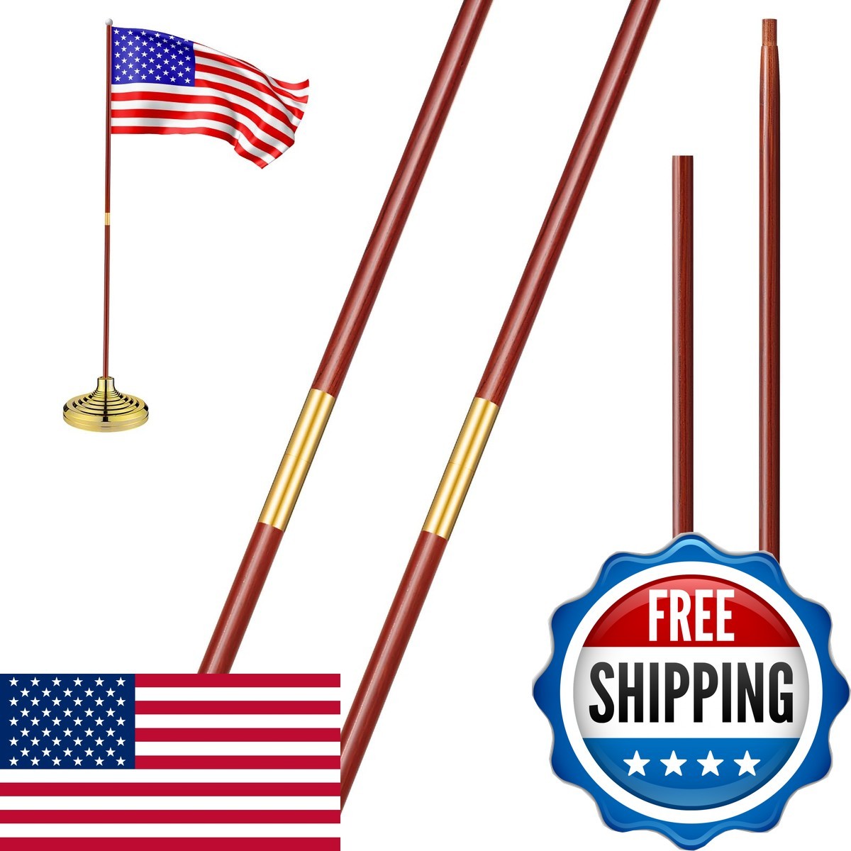 Landical 2 Pcs Indoor Parade Flagpole Solid Wooden Brass Joint 7 ft Brown Gold Landical 2 Pcs Indoor Parade Flagpole Solid Wooden Brass Joint 7 ft Brown Gold