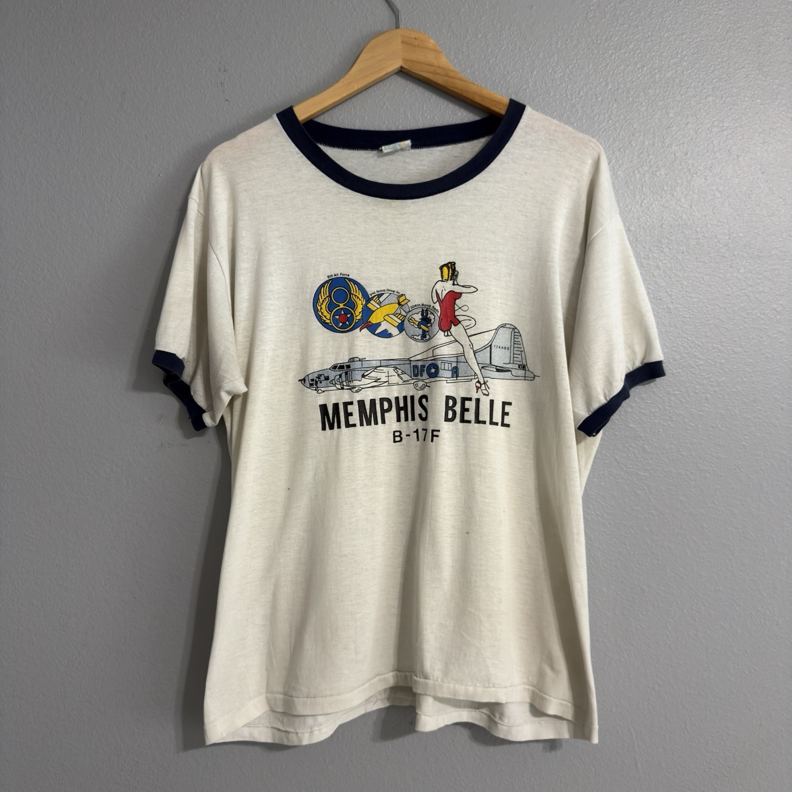 70s Vintage Military Memphis Belle B-17F Ringer Graphic T-Shirt L 70s Vintage Military Memphis Belle B-17F Ringer Graphic T-Shirt L