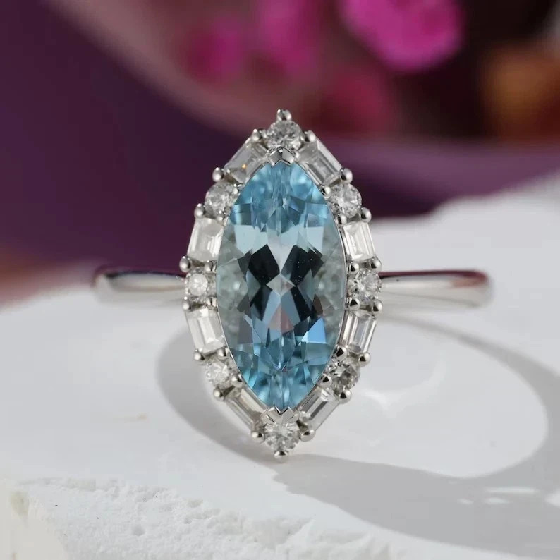 Pretty Marquise Cut Simulated Aquamarine Ring 14k White Gold Plated Wedding Band Pretty Marquise Cut Simulated Aquamarine Ring 14k White Gold Plated Wedding Band