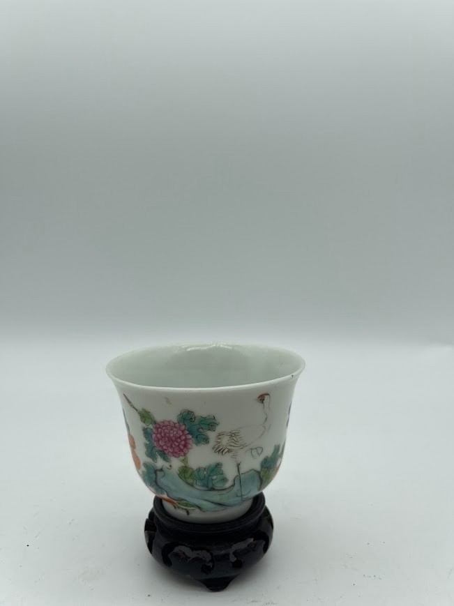 Antique Chinese Famille Rose Porcelain Tea Cup Crane Bird Floral Design