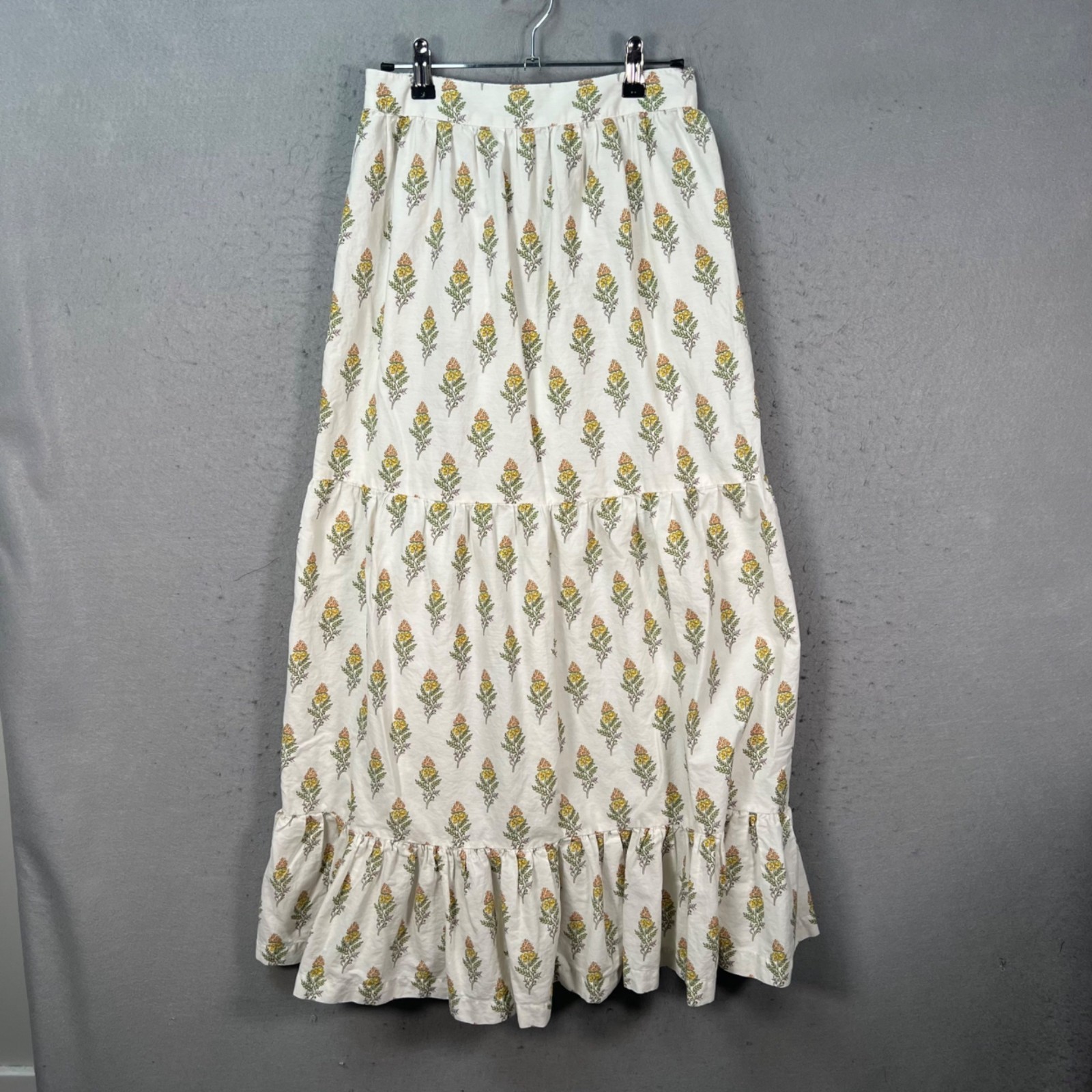 Japna Womens Small White Floral Tiered Maxi Skirt Elastic Waist 100% Cotton