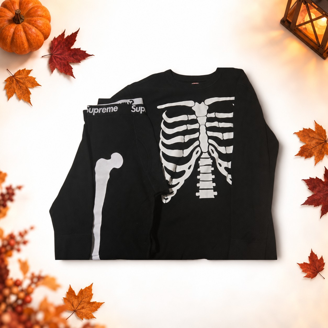 Supreme Hanes Skeleton Set Thermal Shirt Bones Black And Pant (Large).