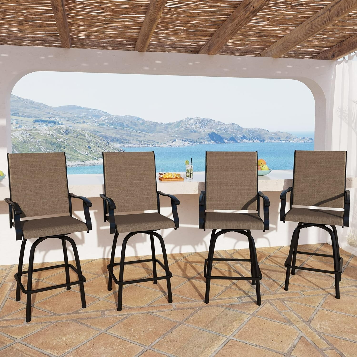 Outdoor Swivel Bar Stools With Arms Set of 4 Patio Bar Height Sling Chairs Brown