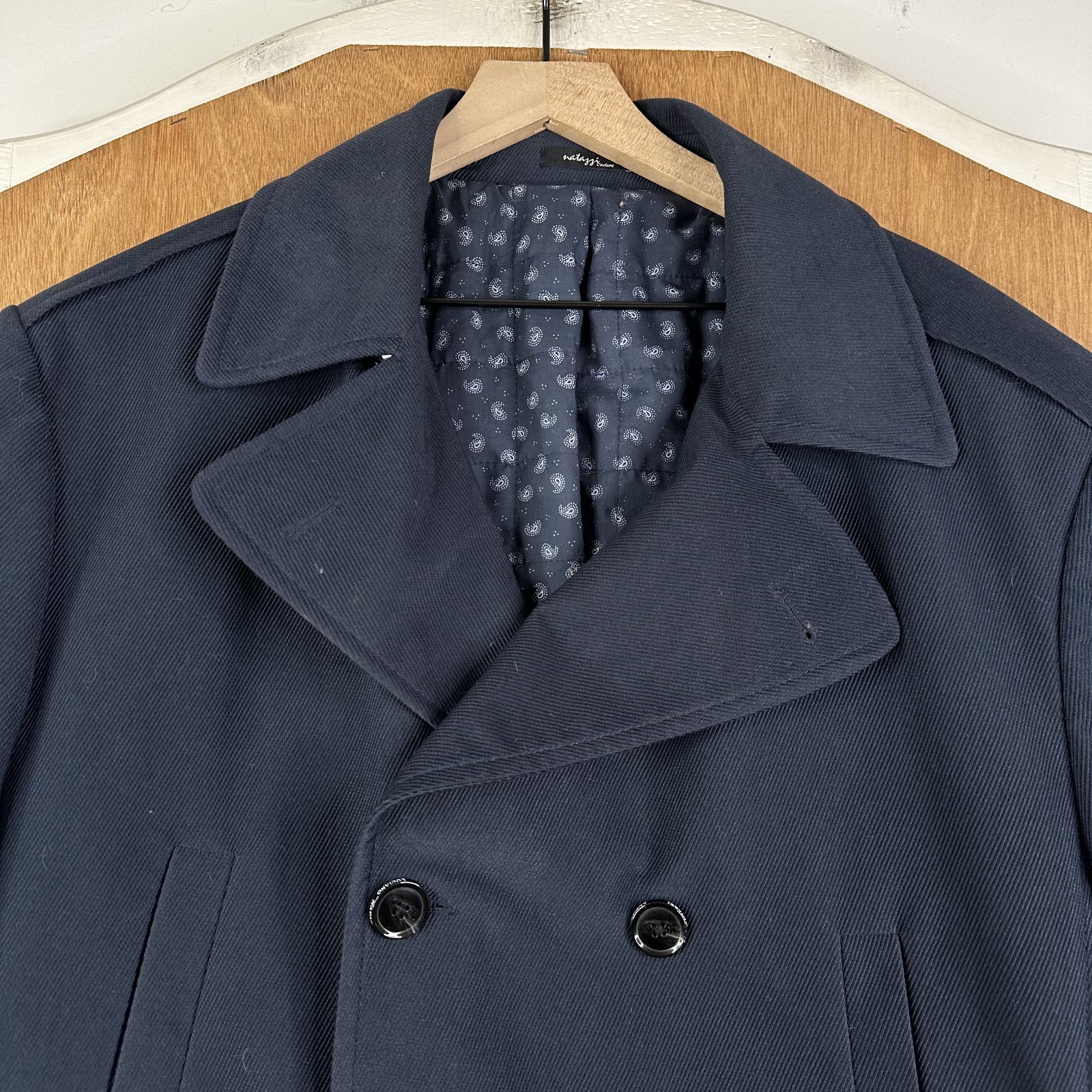 Luciano Natazzi Coat Mens 46 Navy Blue Pea Coat Double Breasted Canali