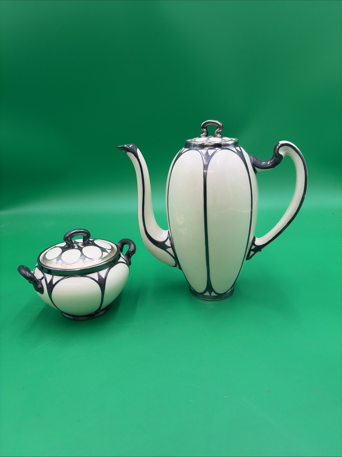 Antique Lenox Sterling Silver Overlay Tea Pot & Sugar Bowl Set Art Nouveau Deco Antique Lenox Sterling Silver Overlay Tea Pot & Sugar Bowl Set Art Nouveau Deco