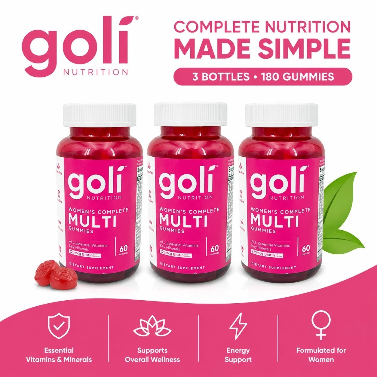 Goli Nutrition Women\'s Vegan Multivitamin Gummies, 60 Count Each, Lot of 3