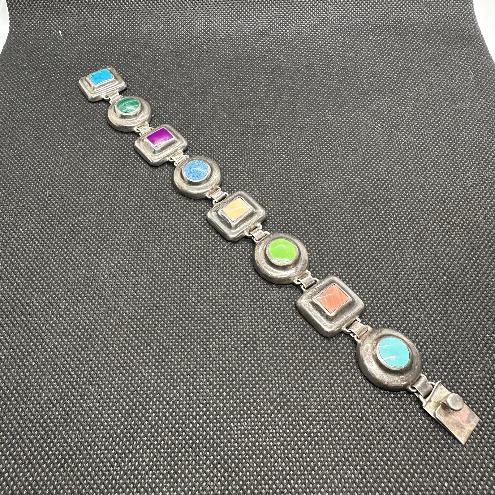 Vintage Taxco Mexico 925 Sterling Silver 8 Multi Stone Link Bracelet 7.5in 39g Vintage Taxco Mexico 925 Sterling Silver 8 Multi Stone Link Bracelet 7.5in 39g