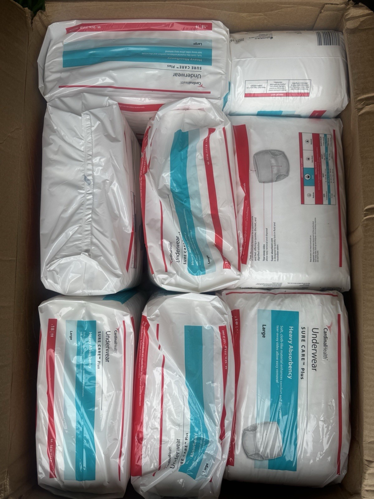 LOT OF 12 Packs Cardinal Health Sure Care Plus Underwear Absorbency Large 18ct LOT OF 12 Packs Cardinal Health Sure Care Plus Underwear Absorbency Large 18ct