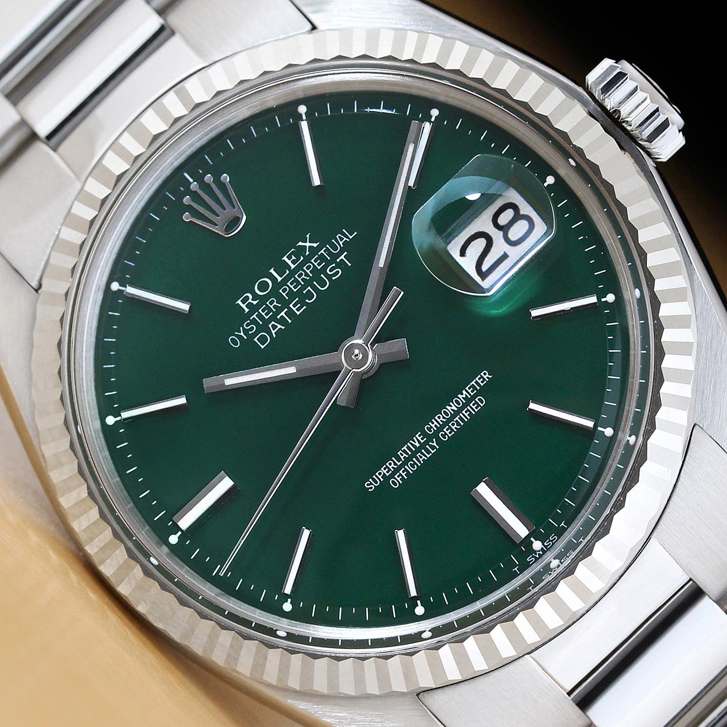 ROLEX MENS DATEJUST 1601 GREEN DIAL 18K WHITE GOLD STEEL WATCH w/ OYSTER BAND