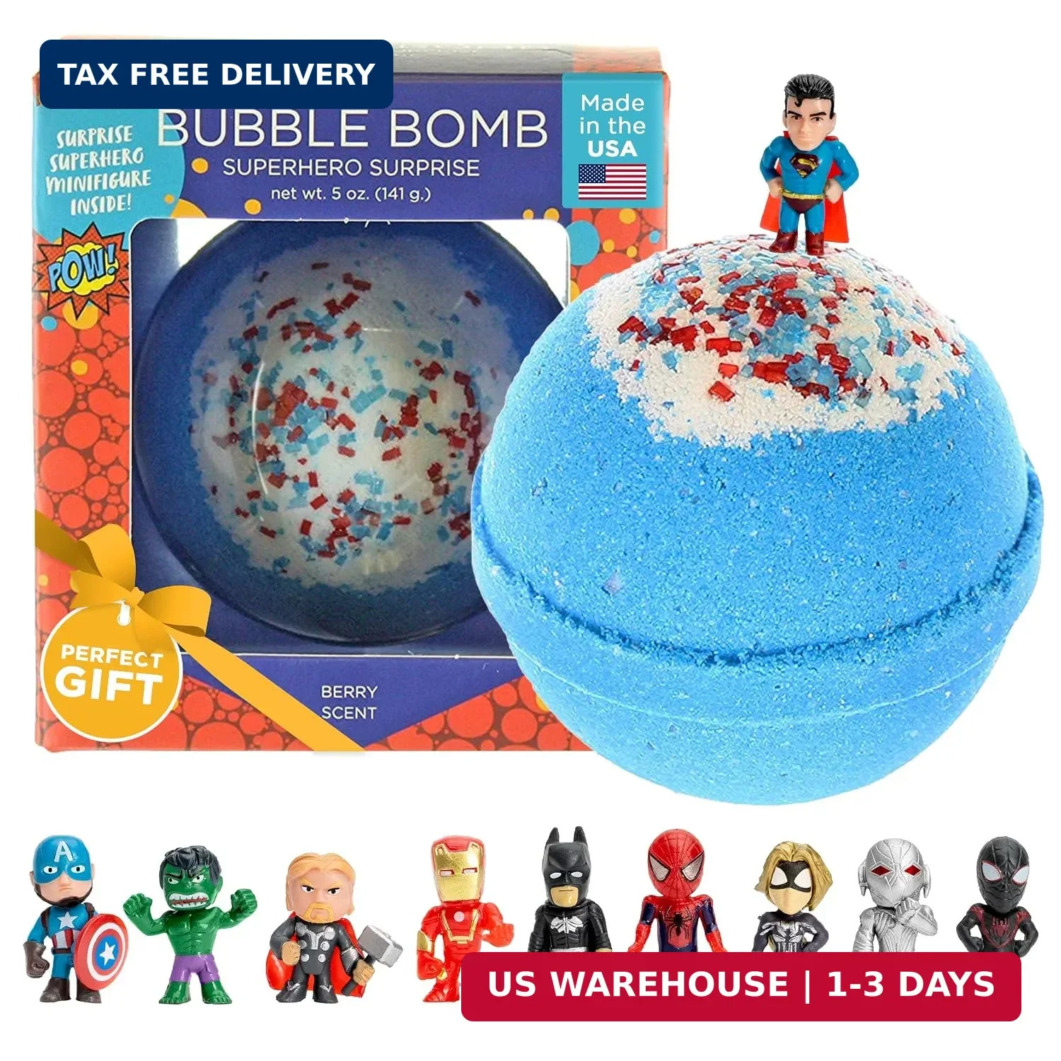 Superhero Bath Bombs for Kids & Boys with Surprise Hero Toys Inside (1 Pack) - L