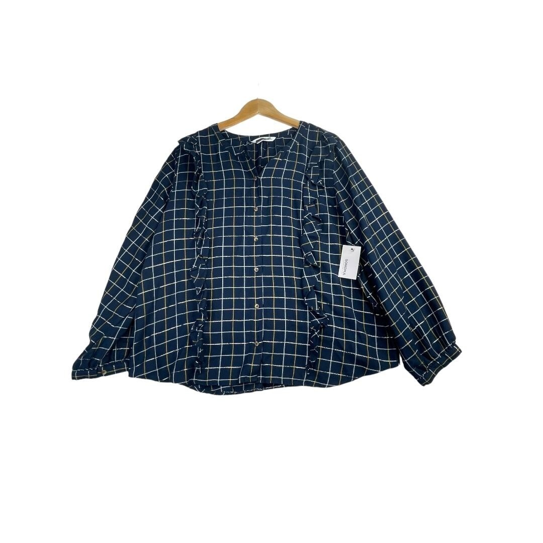 New Sonoma Plaid Button Down Top size XXL Blue/Silver/Gold New Sonoma Plaid Button Down Top size XXL Blue/Silver/Gold