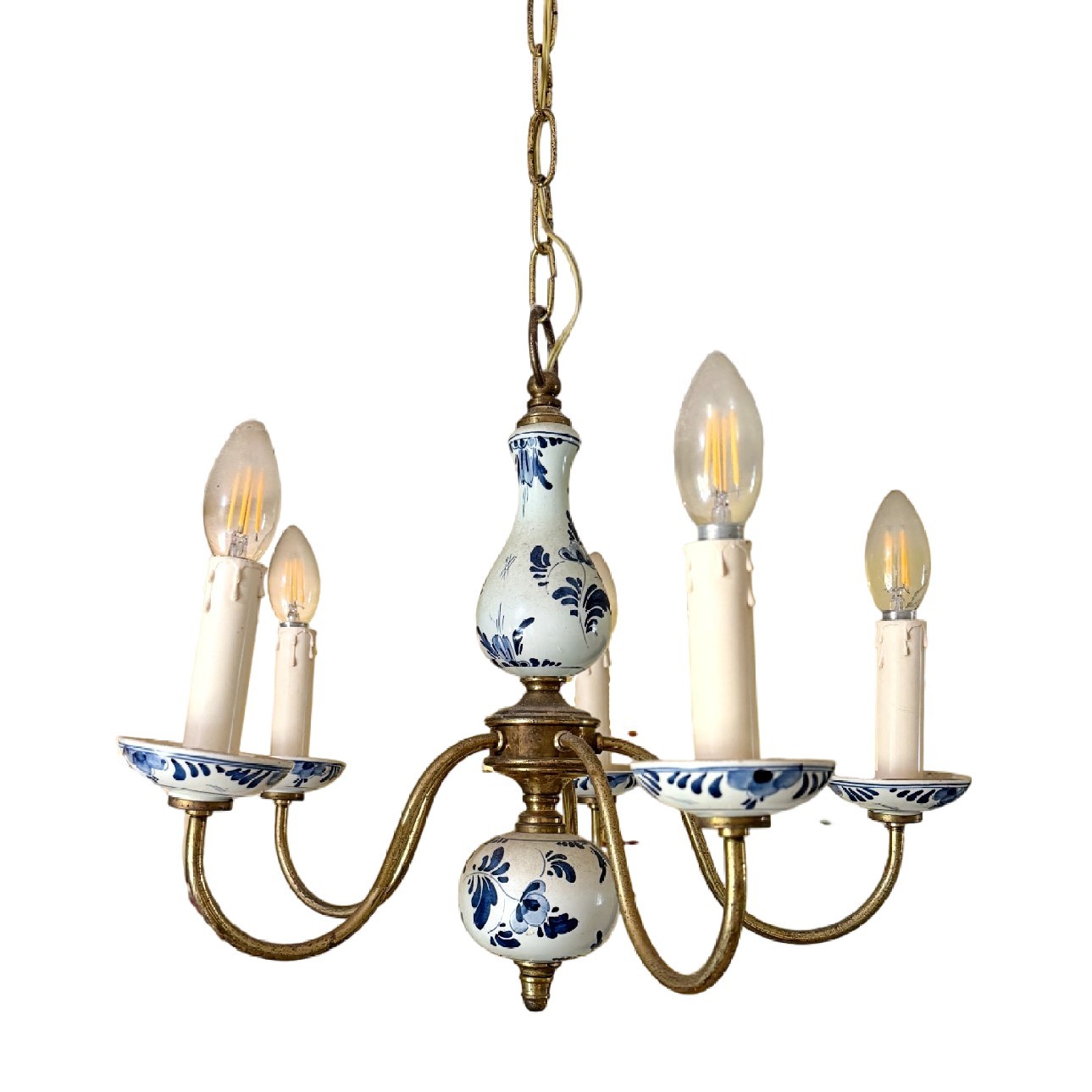 Vintage Delft Blue White Porcelain Chandelier 5-Arm Brass Dutch Light Fixture Vintage Delft Blue White Porcelain Chandelier 5-Arm Brass Dutch Light Fixture