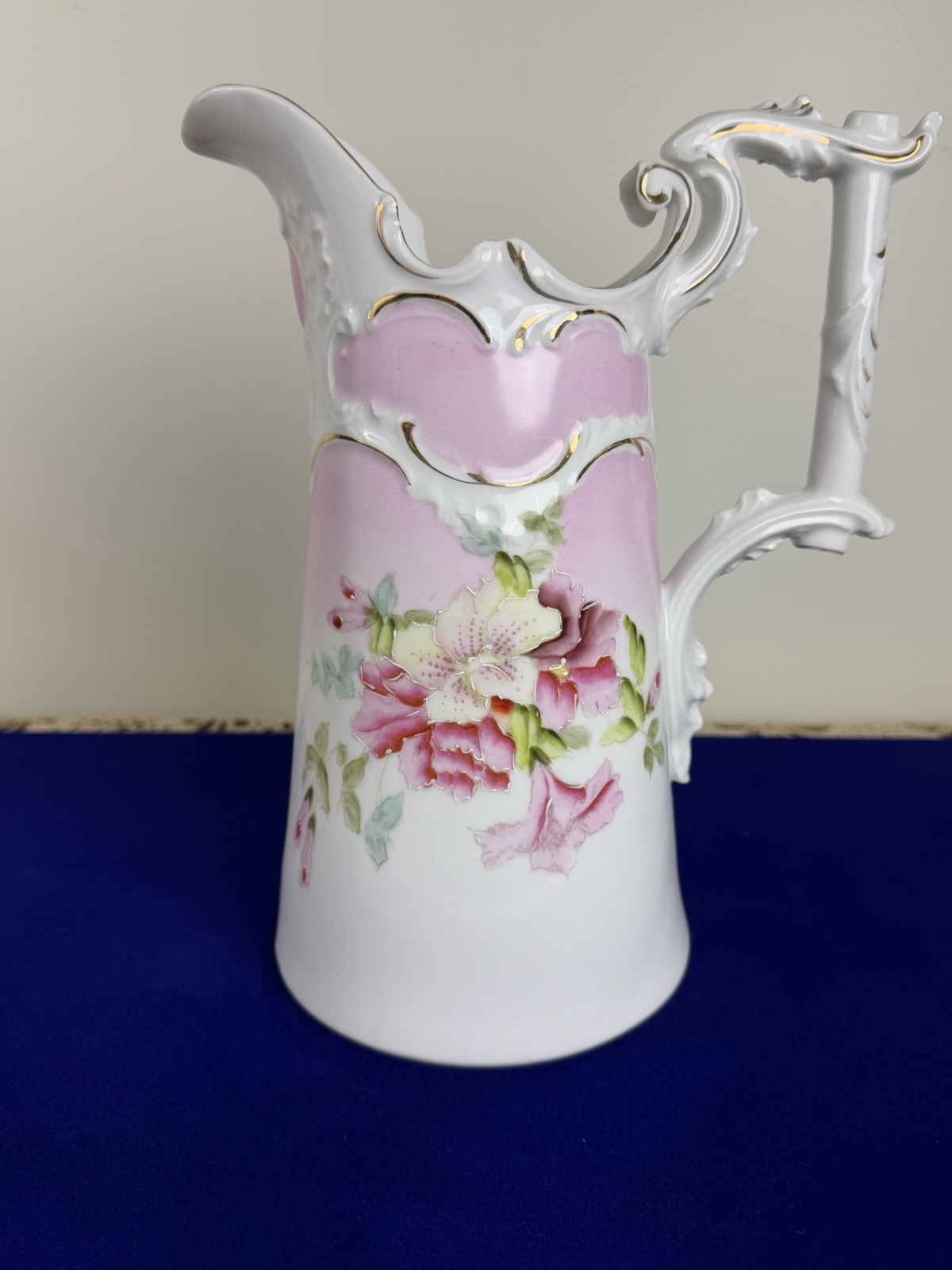 Antique R.S. Prussia Style Porcelain Ewer Pitcher Pink Roses Gold Gilt 10\