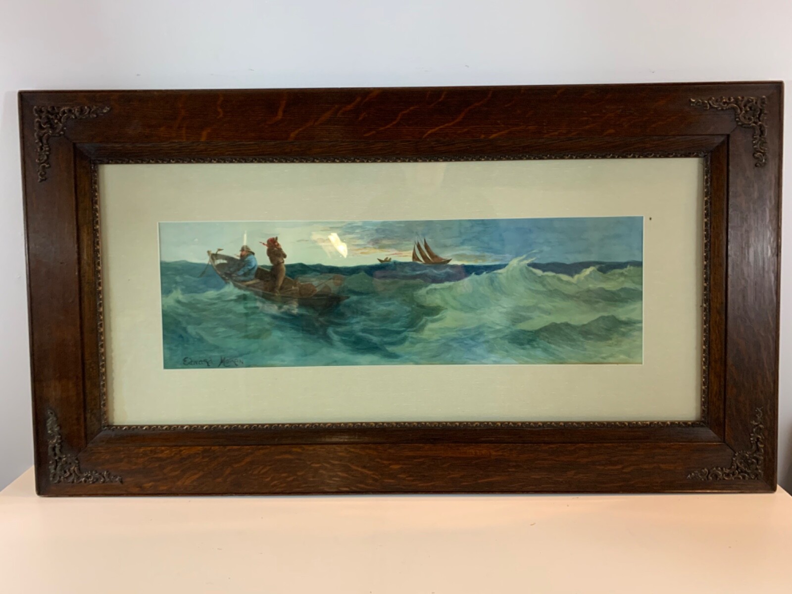 Antique Watercolor Seascape Fishermen at Sea Manner of Edward Moran Oak Frame Antique Watercolor Seascape Fishermen at Sea Manner of Edward Moran Oak Frame
