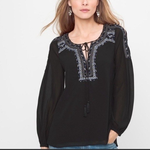 WHBM Tansy Embroidered Boho Cut Out Peasant Blouse Women’s Sz 6 Black Blue White WHBM Tansy Embroidered Boho Cut Out Peasant Blouse Women’s Sz 6 Black Blue White