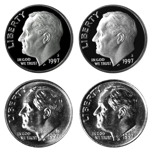 1997 P D S S Roosevelt Dime Year Set Silver & Clad Proof & BU In Cello 1997 P D S S Roosevelt Dime Year Set Silver & Clad Proof & BU In Cello