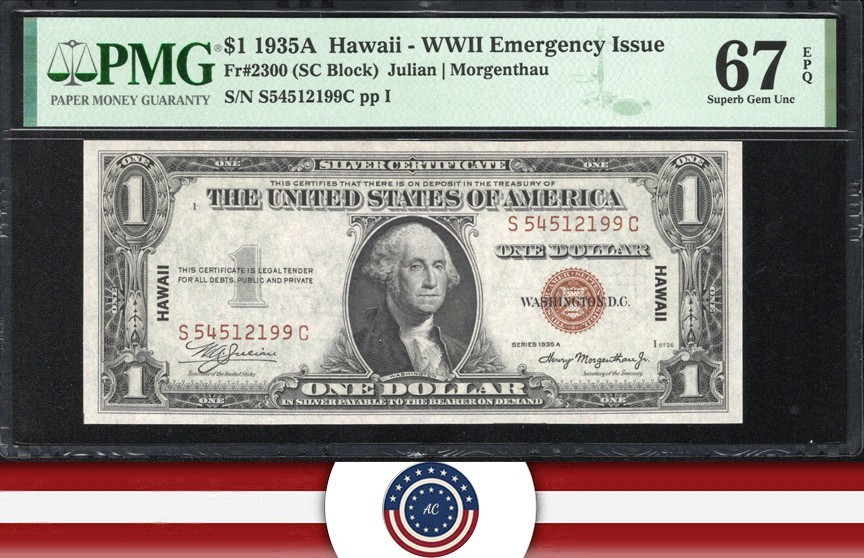 1935-A $1 HAWAII SILVER CERTIFICATE  PMG 67 EPQ Fr 2300 WWII EMERGENCY NOTE GEM