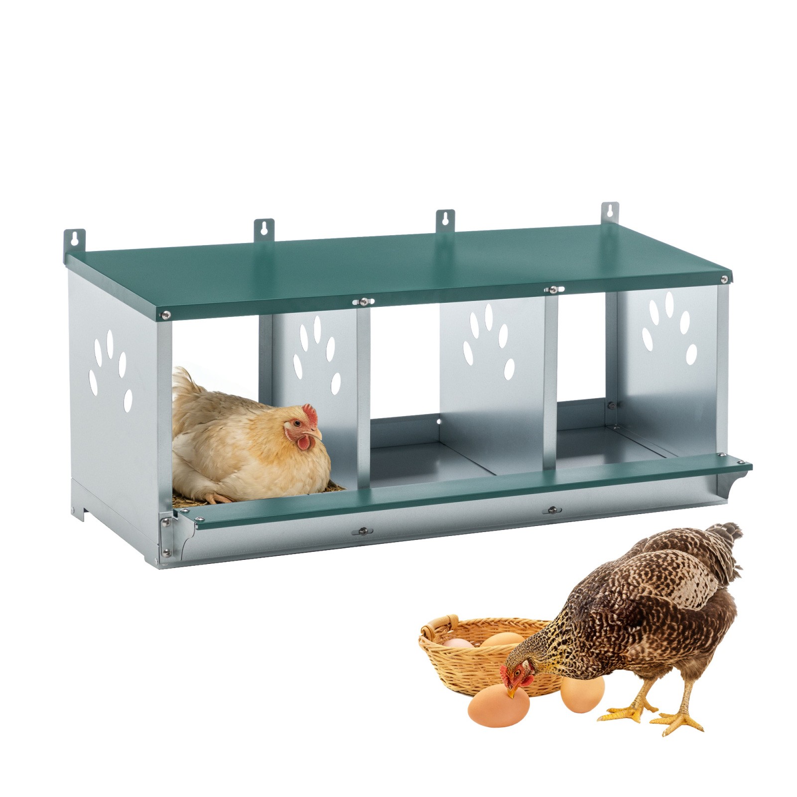 3 Compartment Metal Chicken Nesting Box, Galvanized Steel, Easy Assemble