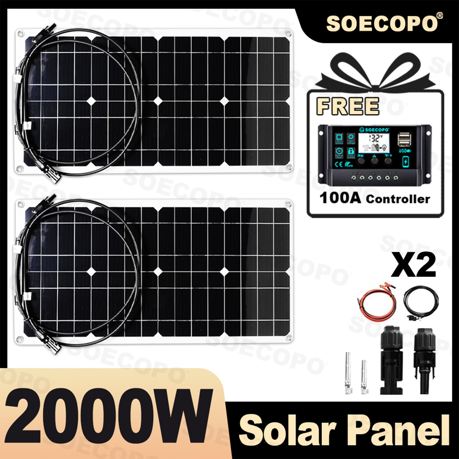 2000W Solar Charging Kit 2 x1000W High-Efficiency Panels + Y-Cable Home/Outdoor
