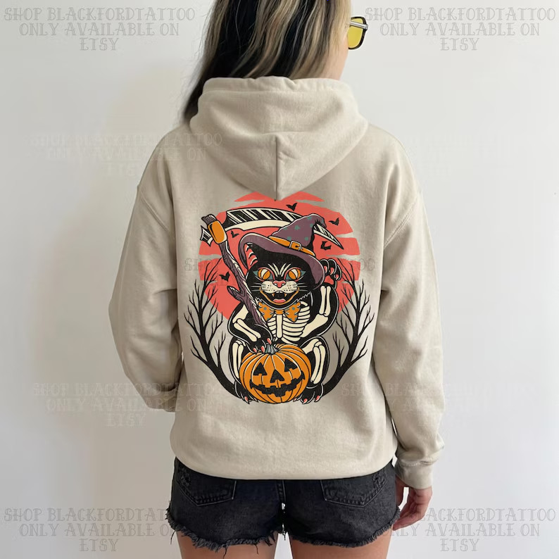 Lucky Cat Halloween Hoodie Tattoo Spooky Season Shirt 90s Grunge Classic Hallowe