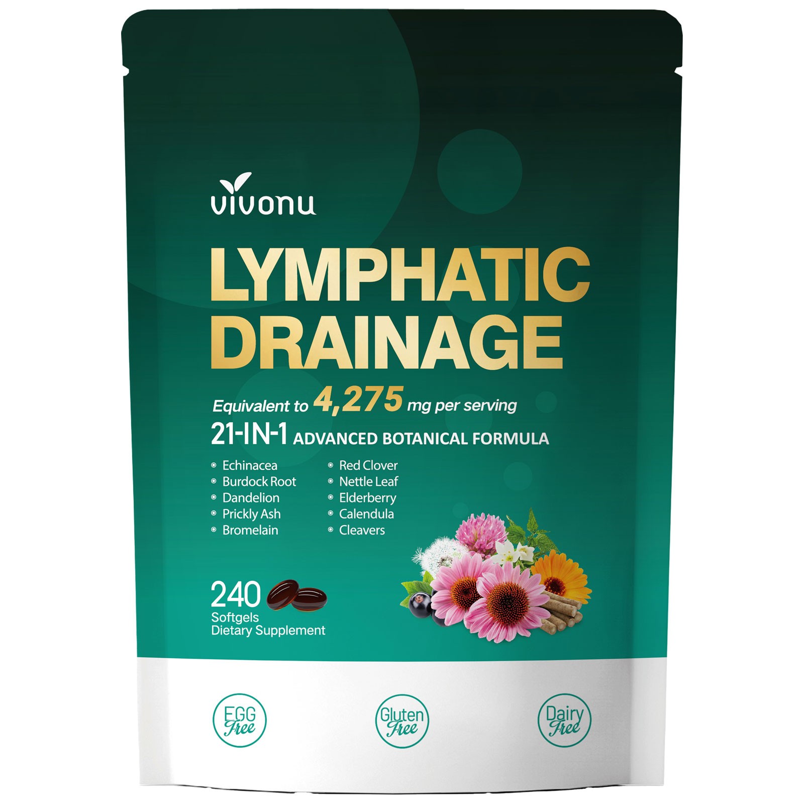 VivoNu Lymphatic Support Capsule 21-in-1 Botanical Blend 240 Softgels Supplement