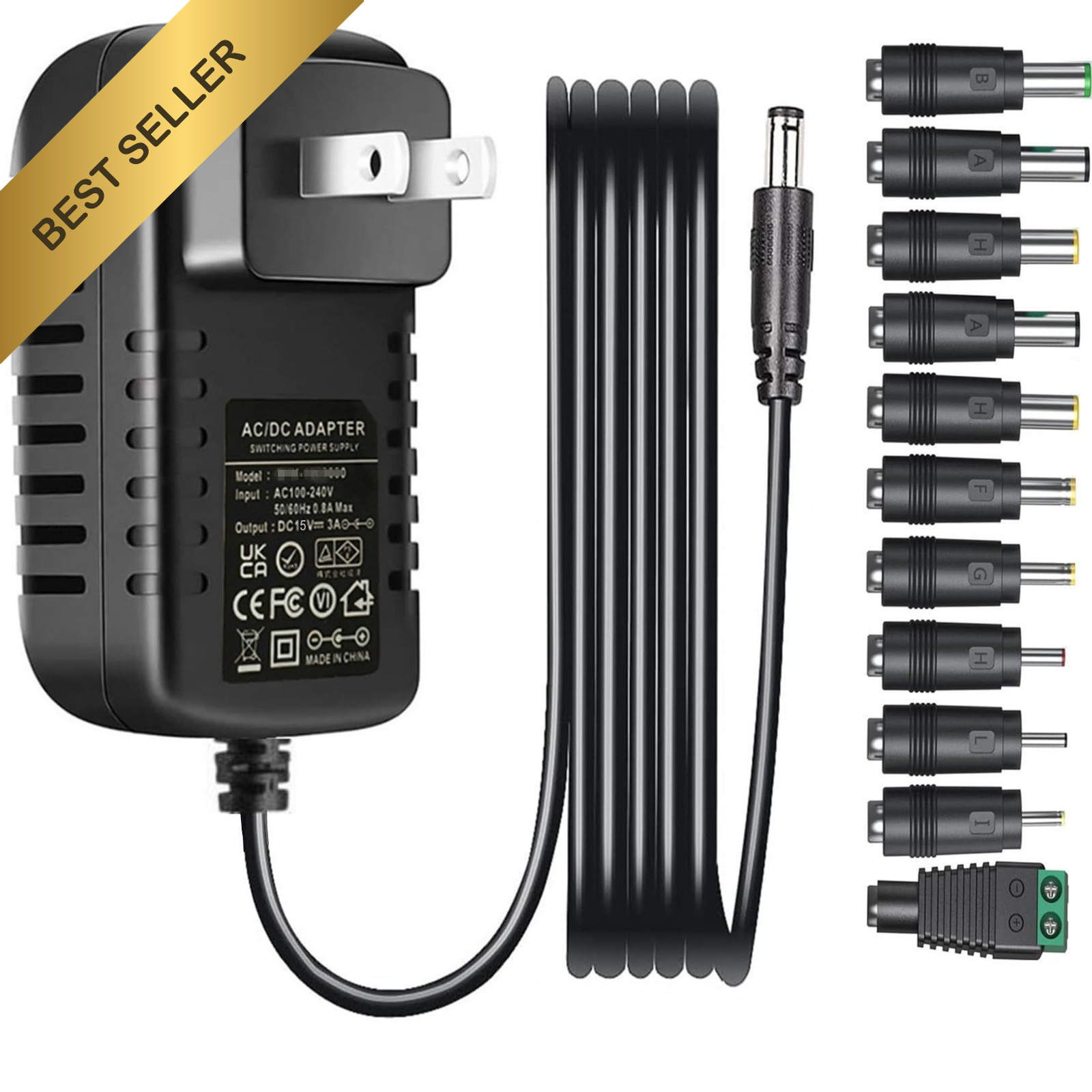 Universal 15V Power Supply 3A AC DC Adapter with 11 Tips for LCD Monitor Speaker