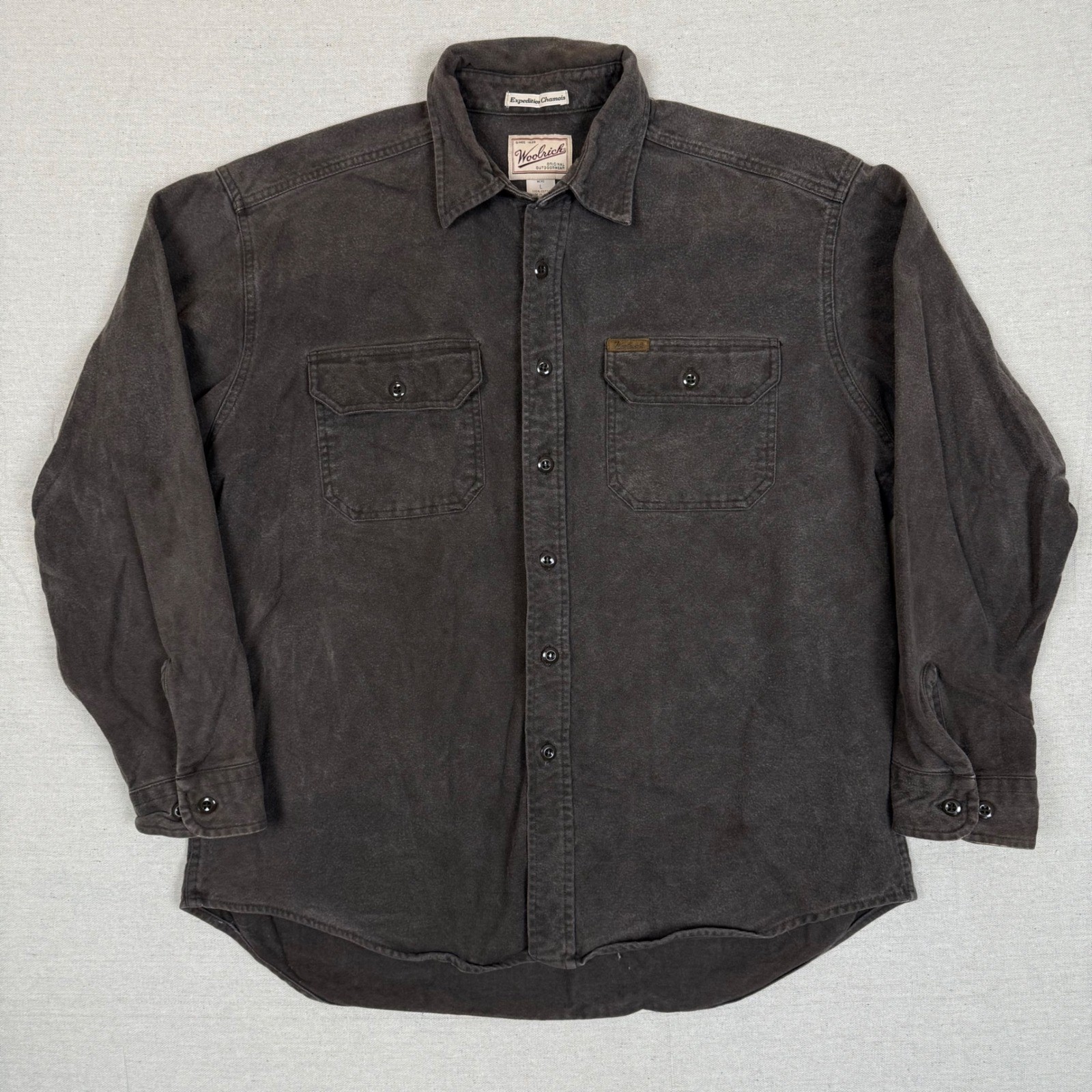 VTG Woolrich Expedition Chamois Shirt L Heavy Cotton Black Workwear Rugged