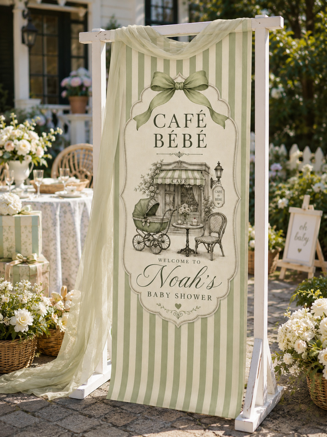 Personalized Cafe Bebe Baby Shower Banner Green Stripe Welcome Sign