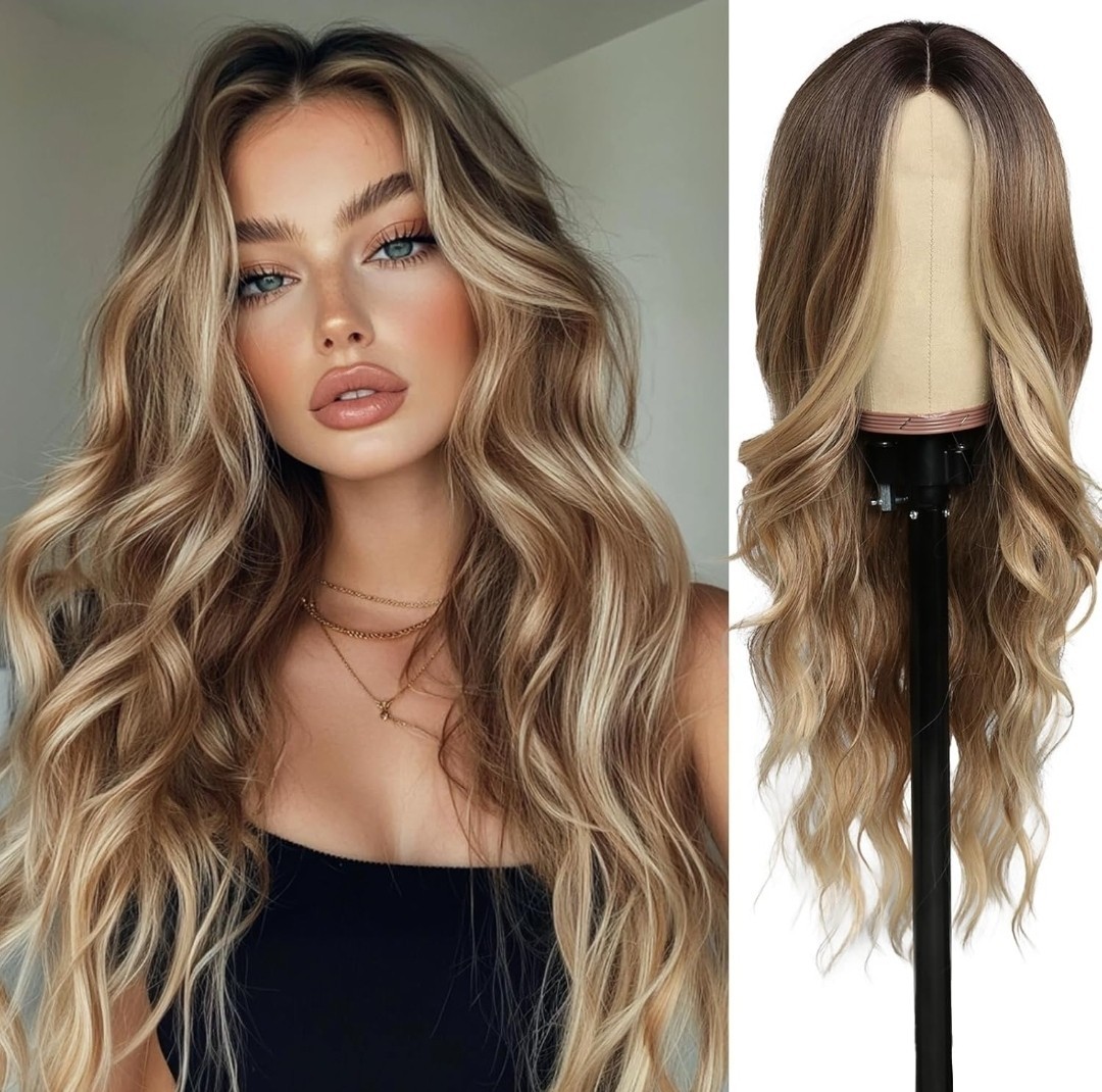 HD Lace Front Wig Human Hair Blend Highlights Wavy Brown X Blonde Balayage HD Lace Front Wig Human Hair Blend Highlights Wavy Brown X Blonde Balayage
