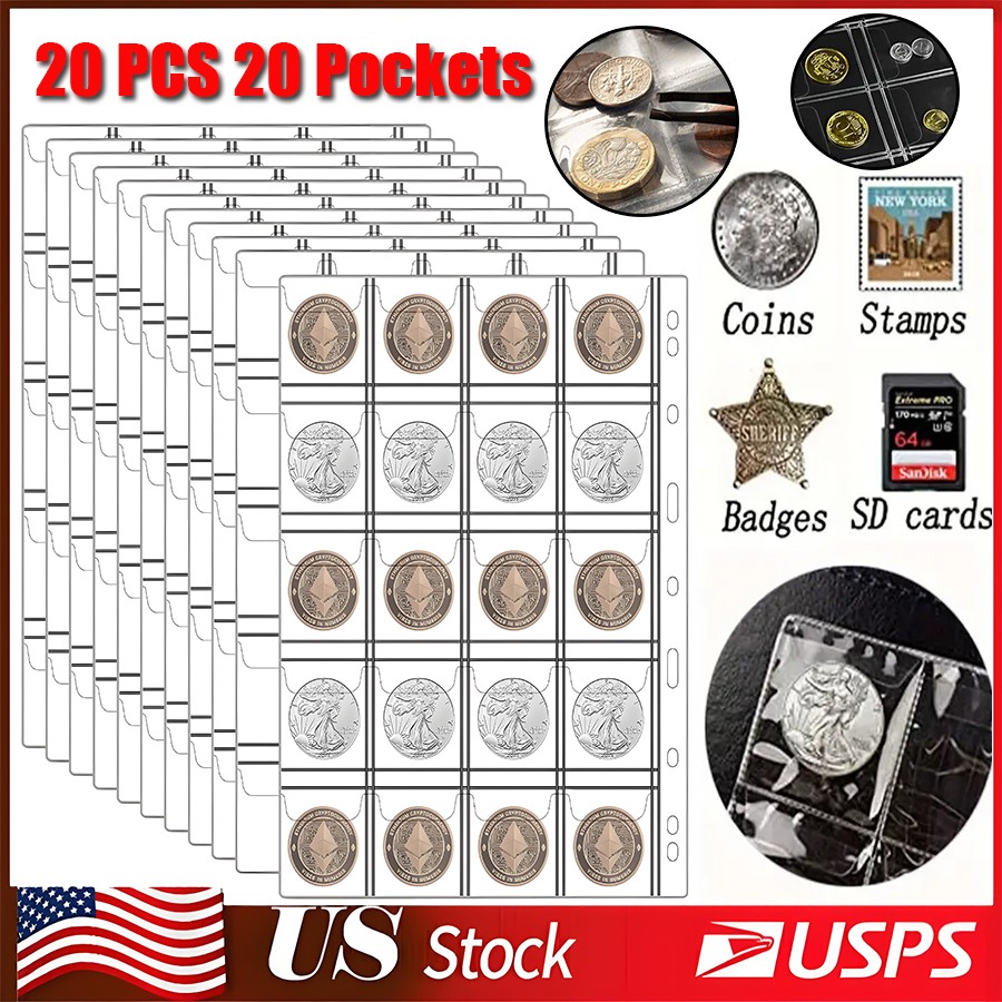 20 Sheets coin collection pages coin pocket pages with 400 pockets coin binder