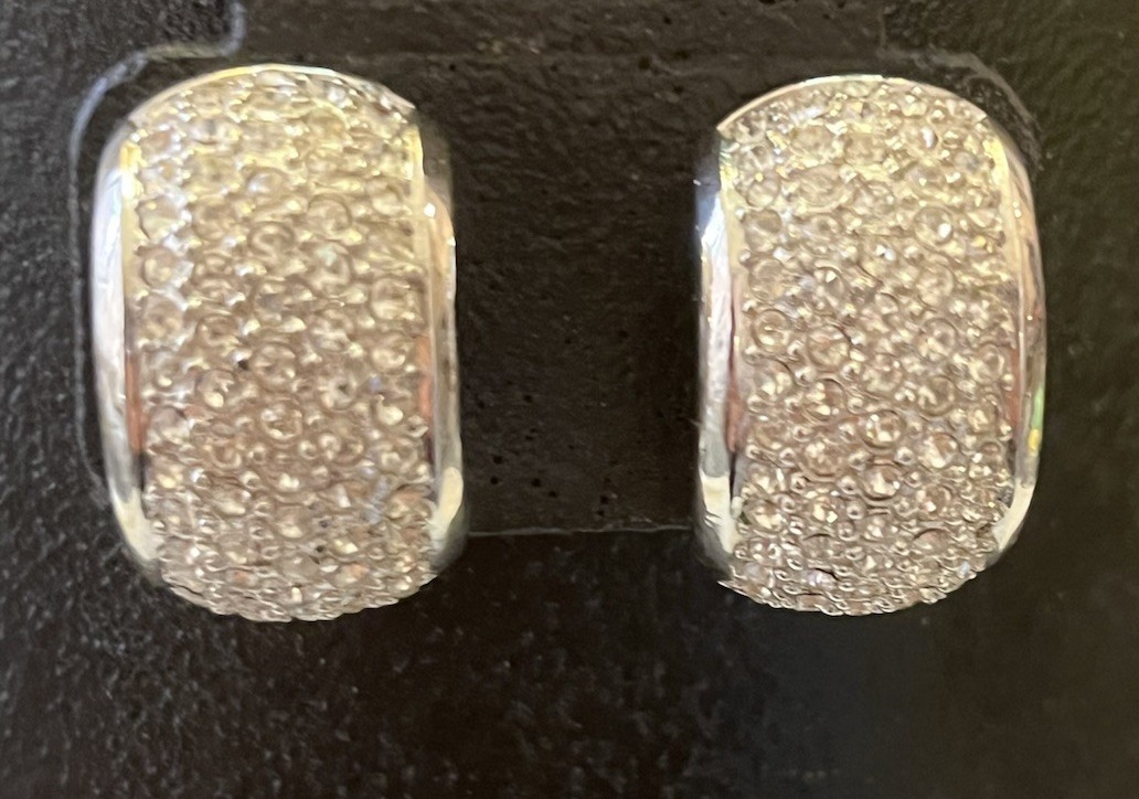Vtg Signed Christian Dior Pave Crystal High End Luxury Silver Tone Clip Earrings