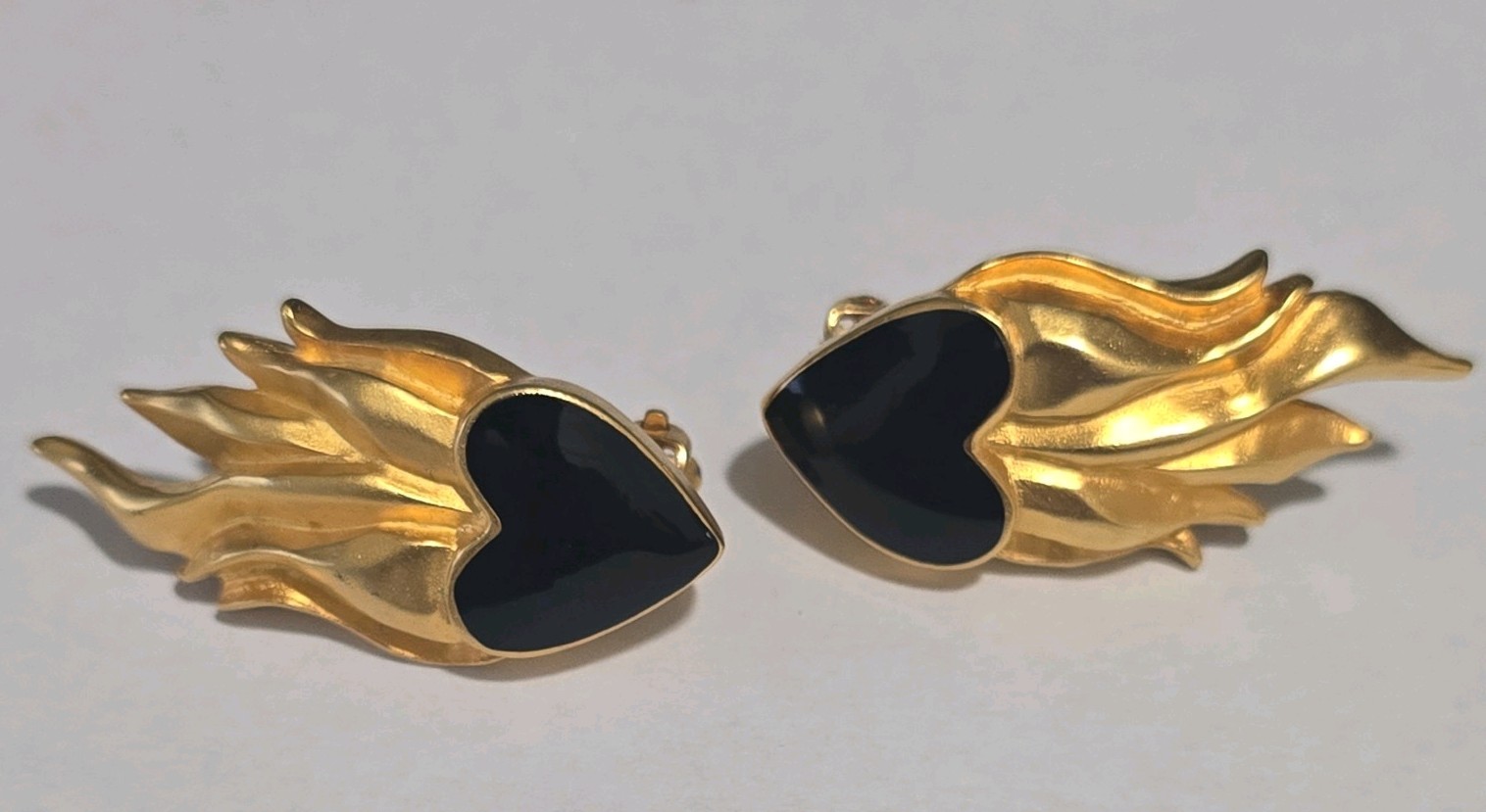 Vintage Karl Lagerfeld KL Gold Tone Flaming Black Heart Clip On Earrings Signed Vintage Karl Lagerfeld KL Gold Tone Flaming Black Heart Clip On Earrings Signed