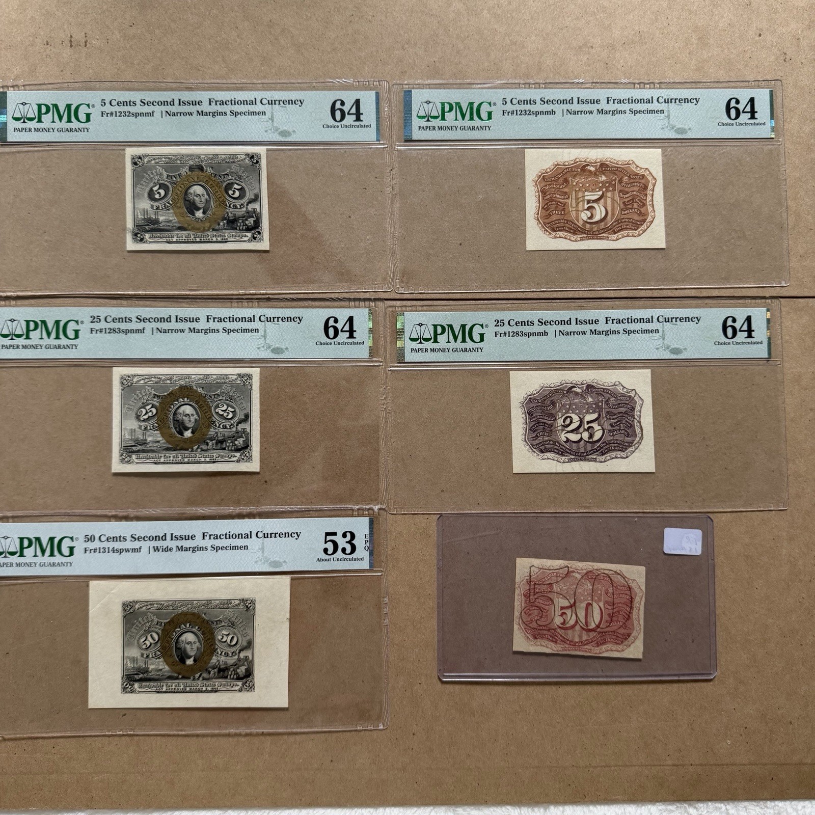 PMG Graded US Fractional Currency 2nd Issue  (SPECIMEN) 5c 25c 50c EPQ 64/53