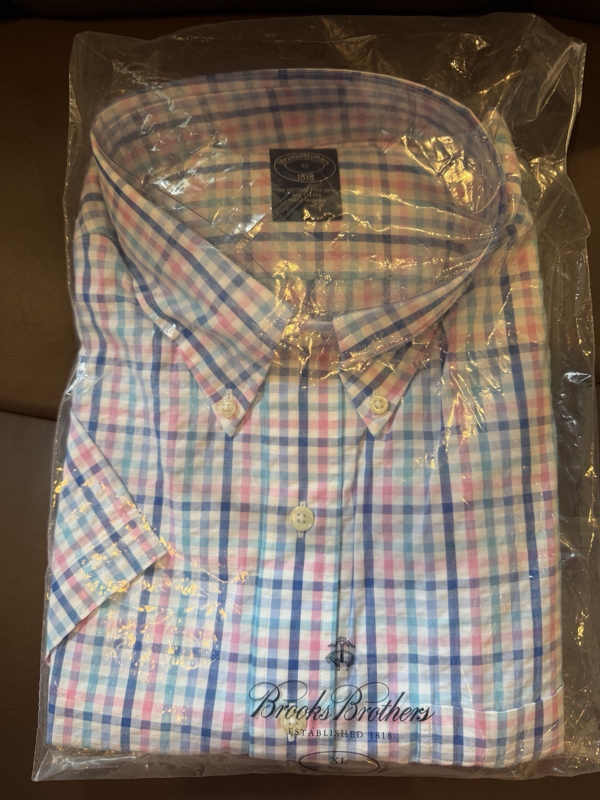Brooks Brothers Seersucker Shirt Men\'s XL Plaid Cotton pink blue white