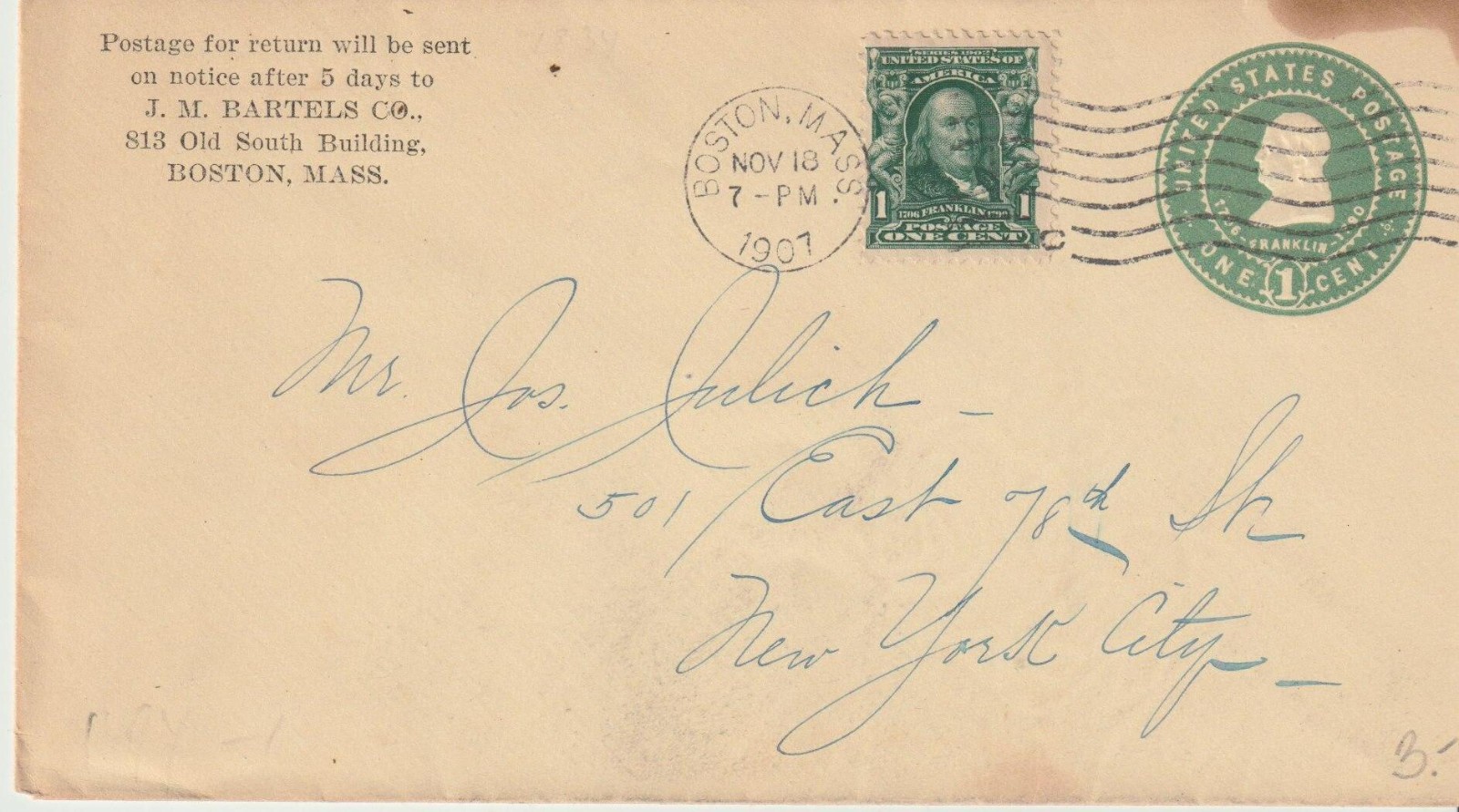 1907 Boston MA Stamp Dealer Cover - J.M. Bartels Co. Philatelic Advertising 2c