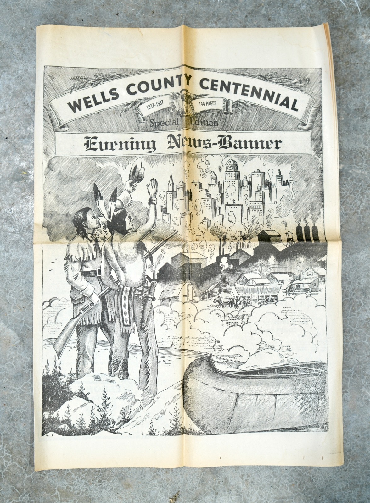Vintage 1937 Wells County Centennial Newspaper Banner Indian Bluffton Indiana