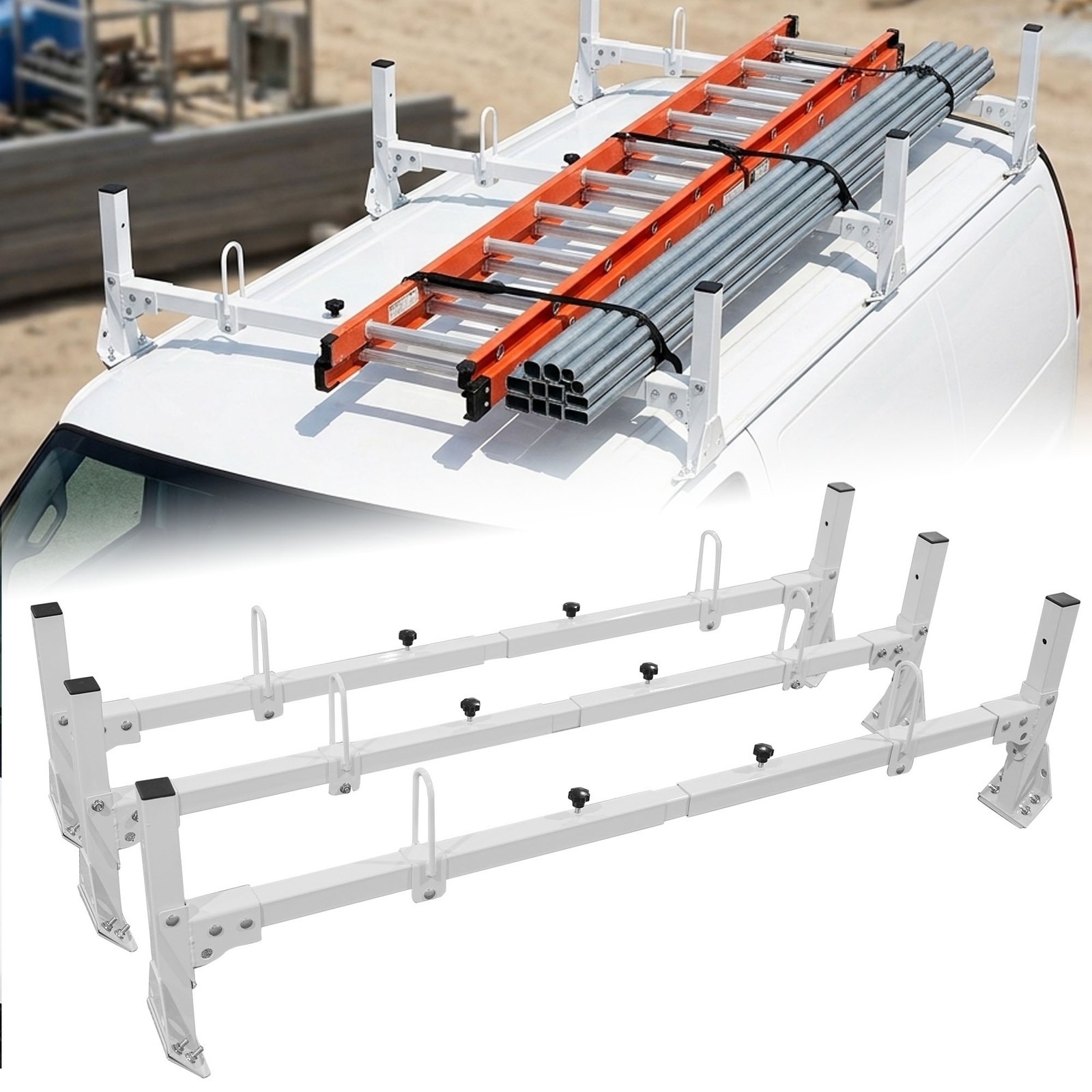 Fits Ford Econoline 92-14 2015 Cargo Van 3 Bar Steel GFY Ladder Roof Rack 8\