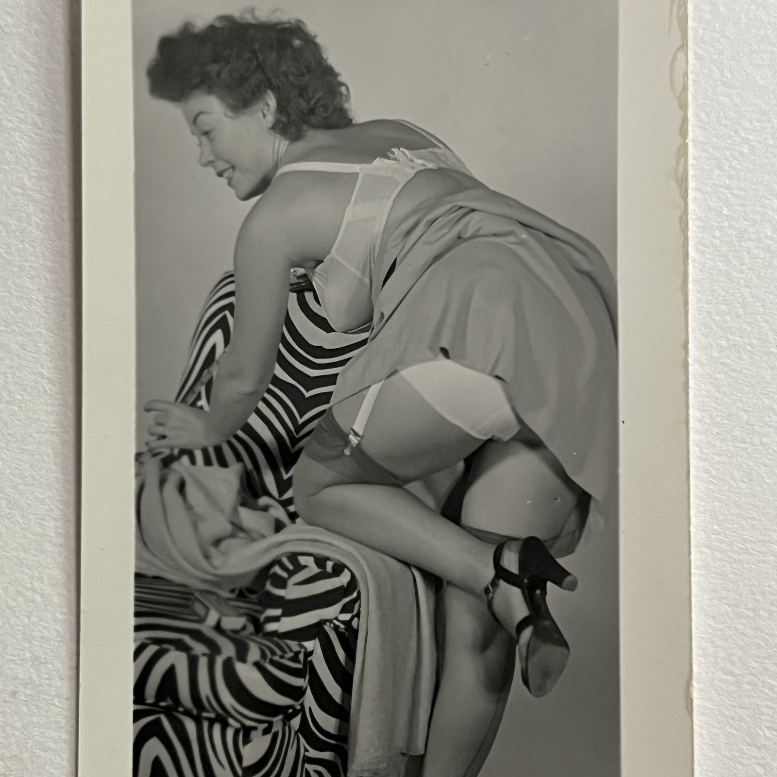 Vintage B&W Snapshot Photograph Pinup Beautiful Woman Bending Over Risqué